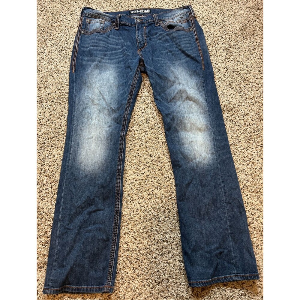 Affliction Ace Jeans Mens Size 40x33 Blue Thick Stitch Whiskers Stretch Biker